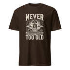 Skeleton DJ vintage music t-shirt with turntables and Never Too Old graphic
