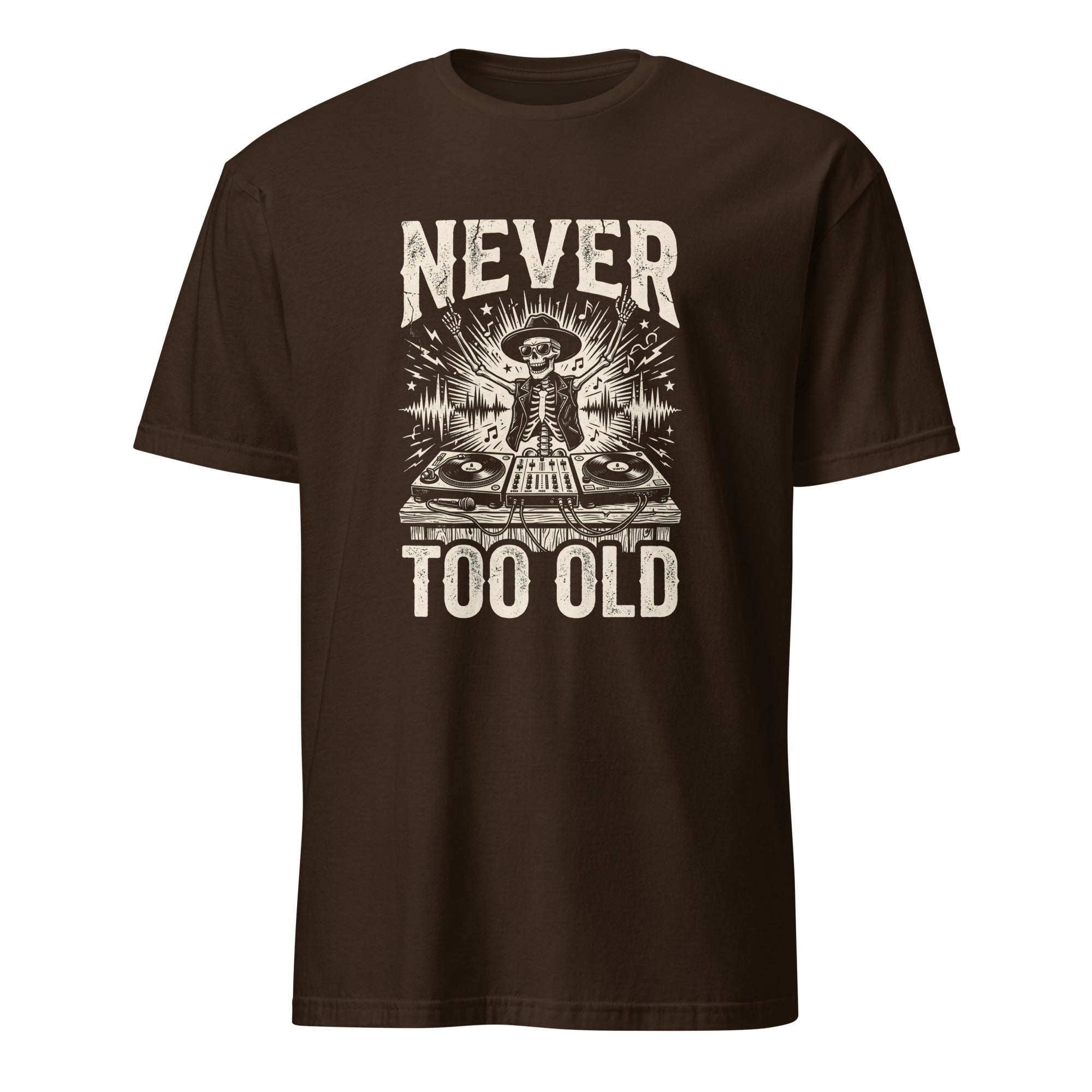Skeleton DJ vintage music t-shirt with turntables and Never Too Old graphic
