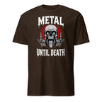  metal until death skull graphic t-shirt with rock hand horns design