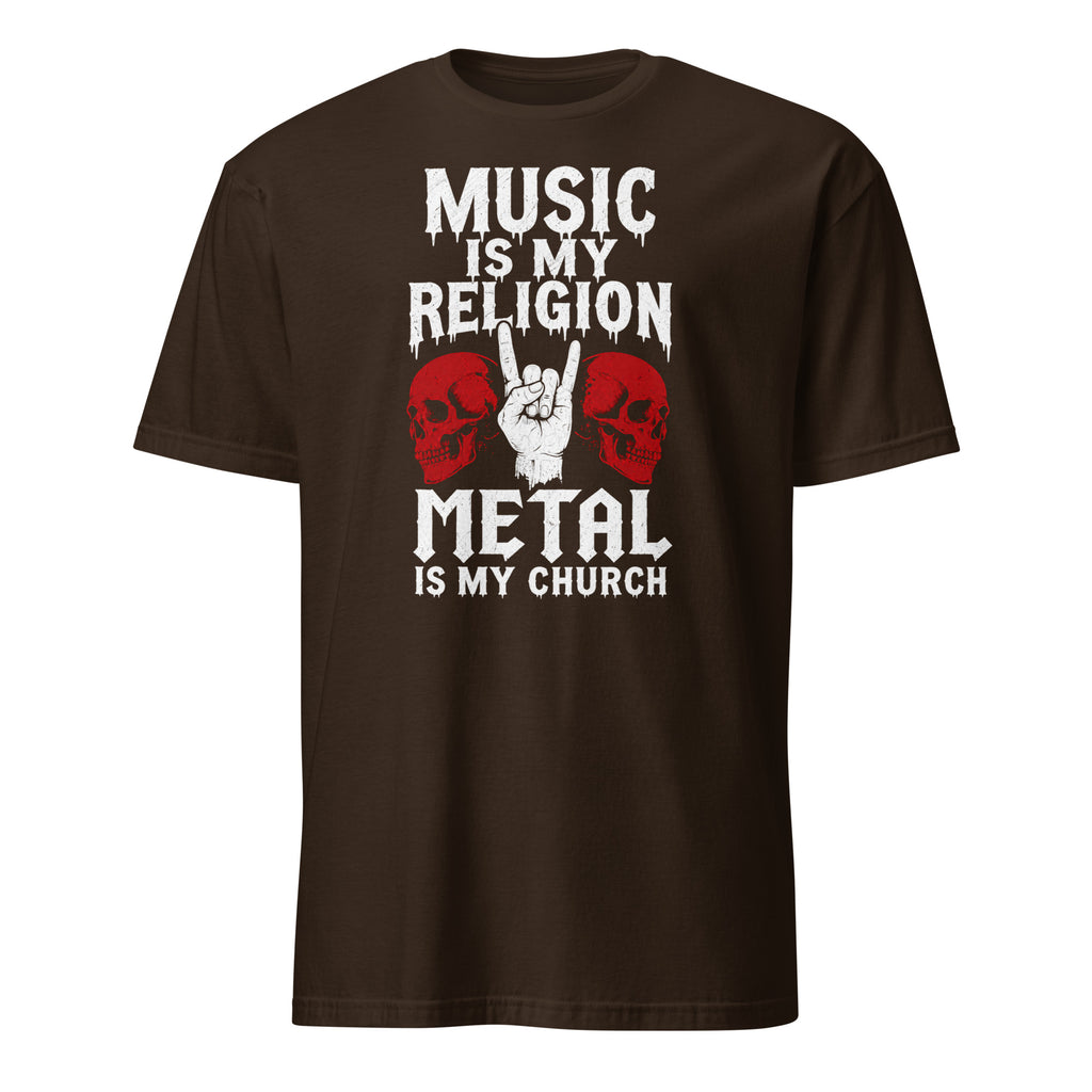  metal t-shirt with skulls and rock hand, "Music Is My Religion" design