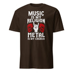  metal t-shirt with skulls and rock hand, "Music Is My Religion" design