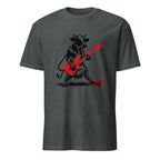  t-shirt with black cow playing red electric guitar vintage rock art design music