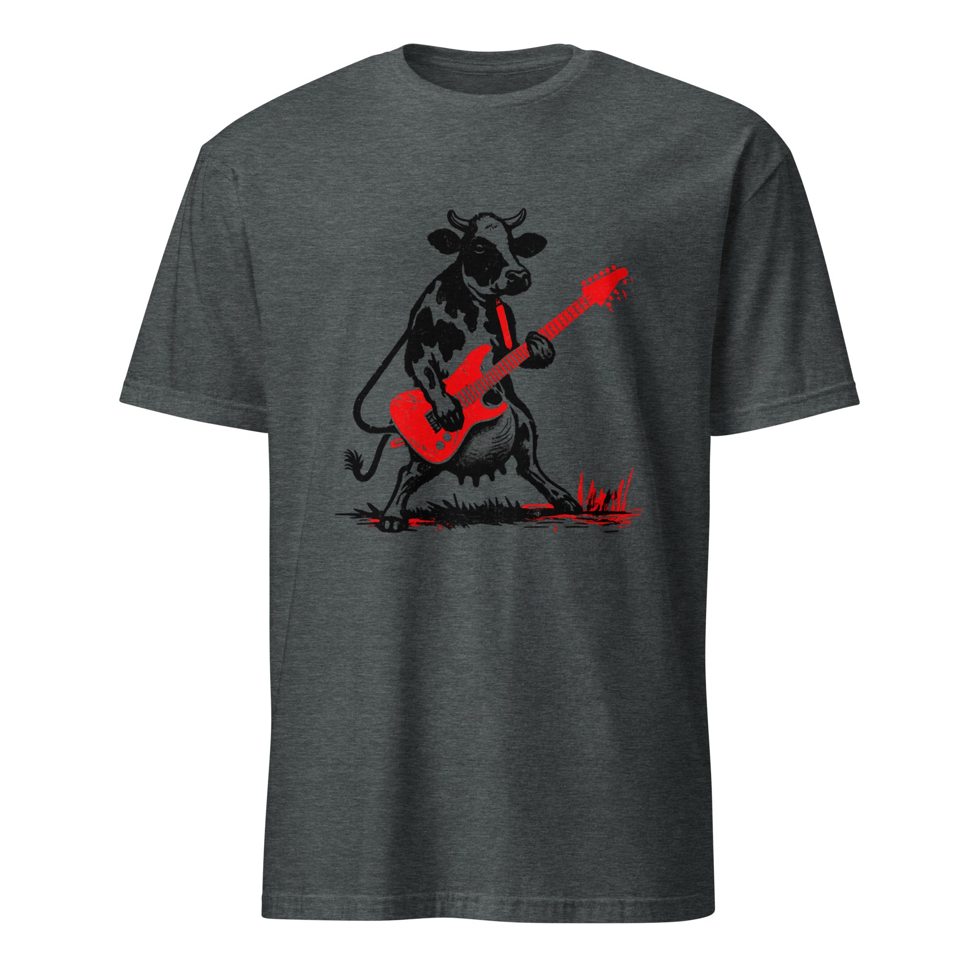  t-shirt with black cow playing red electric guitar vintage rock art design music