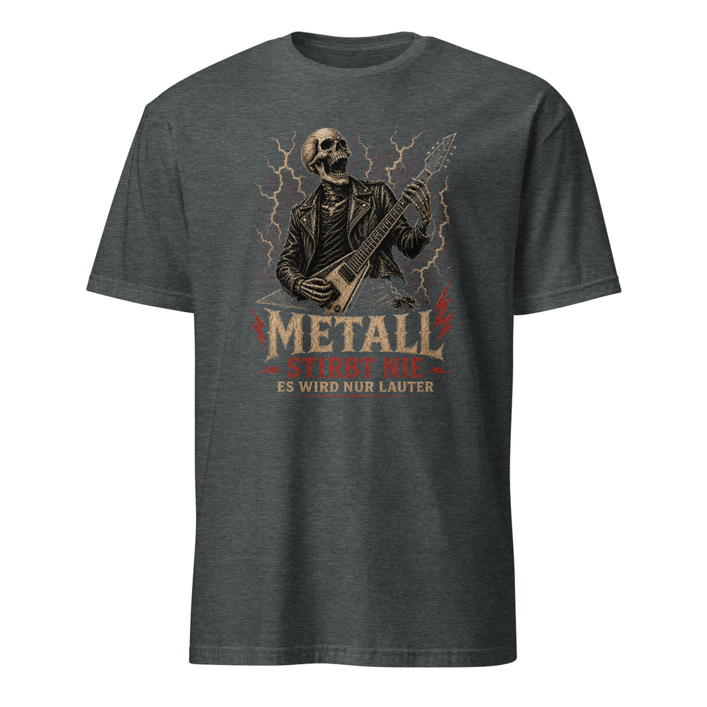 "Metall Stirbt Nie" – Cult Metal Design mit Skelett-Gitarrist. Premium Baumwolle. Jetzt kaufen und Metallherz zeigen! 🎸