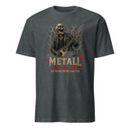 "Metall Stirbt Nie" – Cult Metal Design mit Skelett-Gitarrist. Premium Baumwolle. Jetzt kaufen und Metallherz zeigen! 🎸