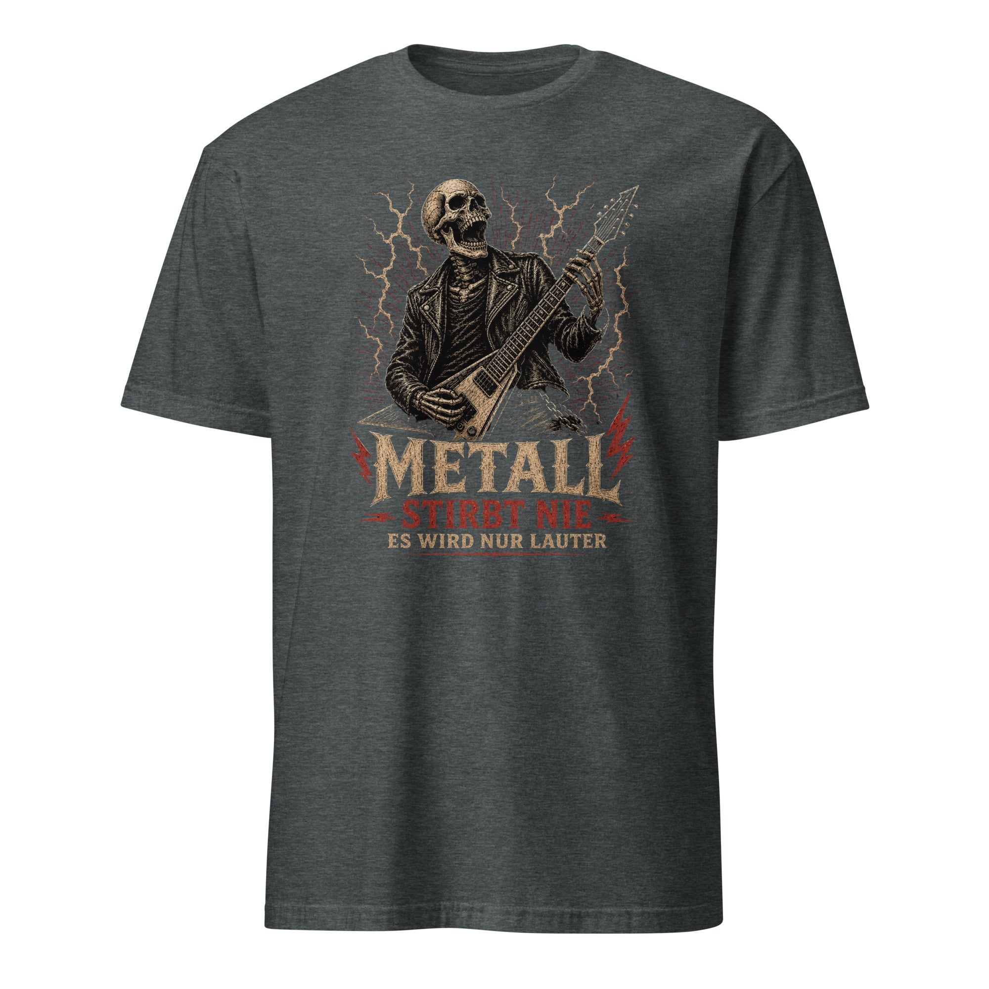 "Metall Stirbt Nie" – Cult Metal Design mit Skelett-Gitarrist. Premium Baumwolle. Jetzt kaufen und Metallherz zeigen! 🎸