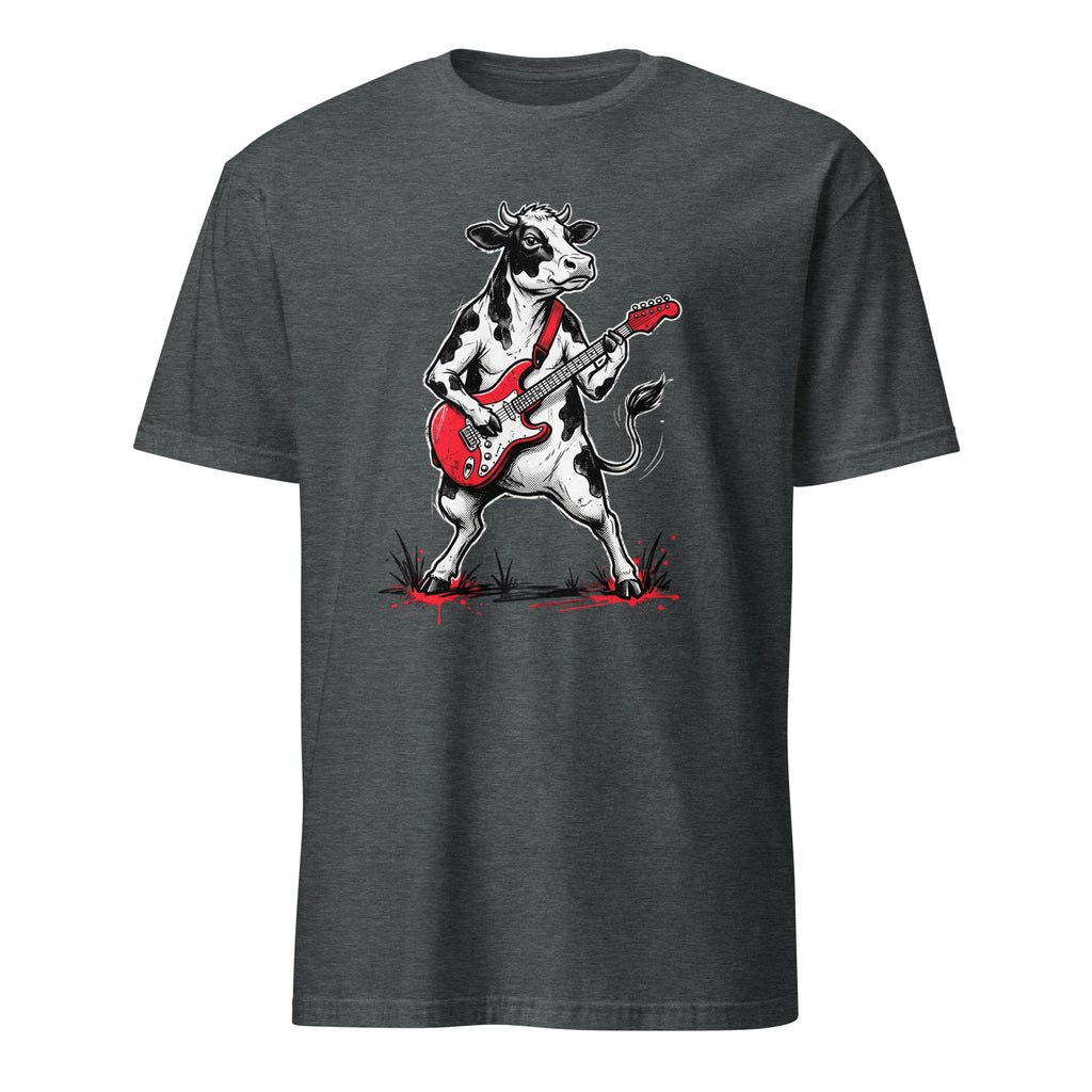 Rocking cow playing red electric guitar vintage rock black t-shirt
