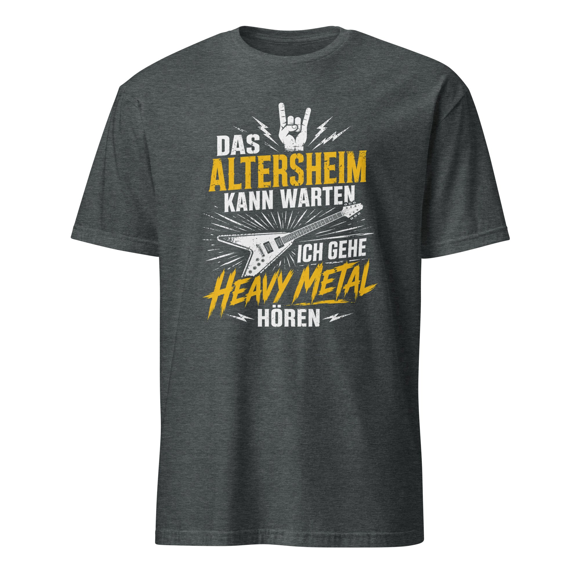 Heavy Metal T-Shirt mit Gitarre, Blitze und lustigem Text, Vintage Rock Design
