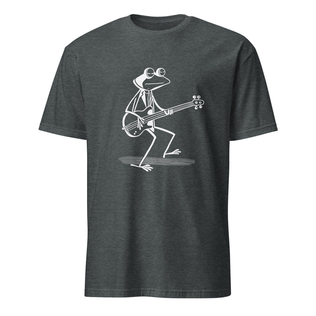 Frog playing bass guitar graphic tee, funny music-themed t-shirt design
