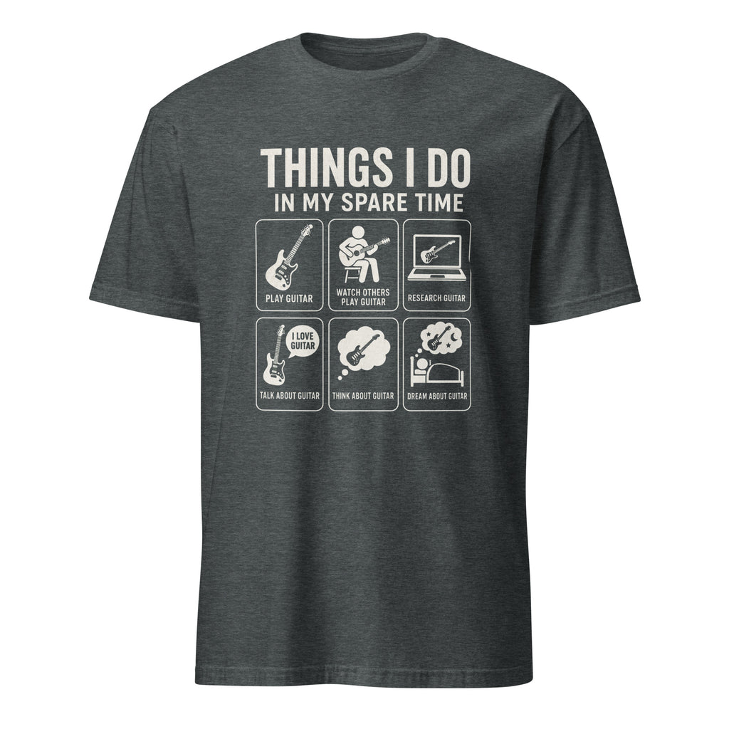 Funny guitar lover t-shirt design featuring six guitar-themed daily activity icons
