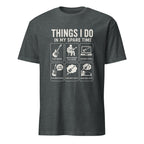 Funny guitar lover t-shirt design featuring six guitar-themed daily activity icons
