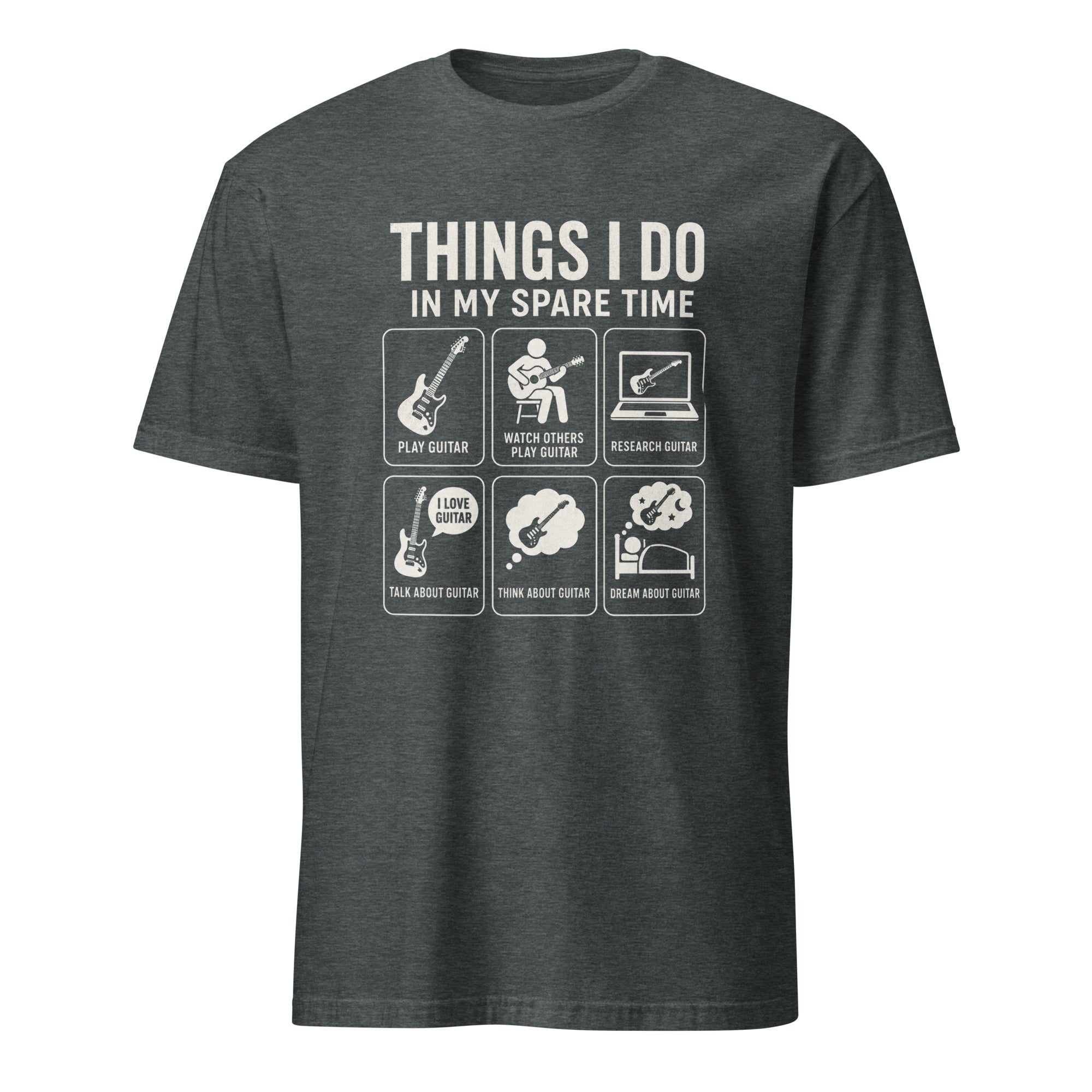 Funny guitar lover t-shirt design featuring six guitar-themed daily activity icons
