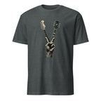 Vintage guitar peace sign graphic on black rock and roll cotton t-shirt
