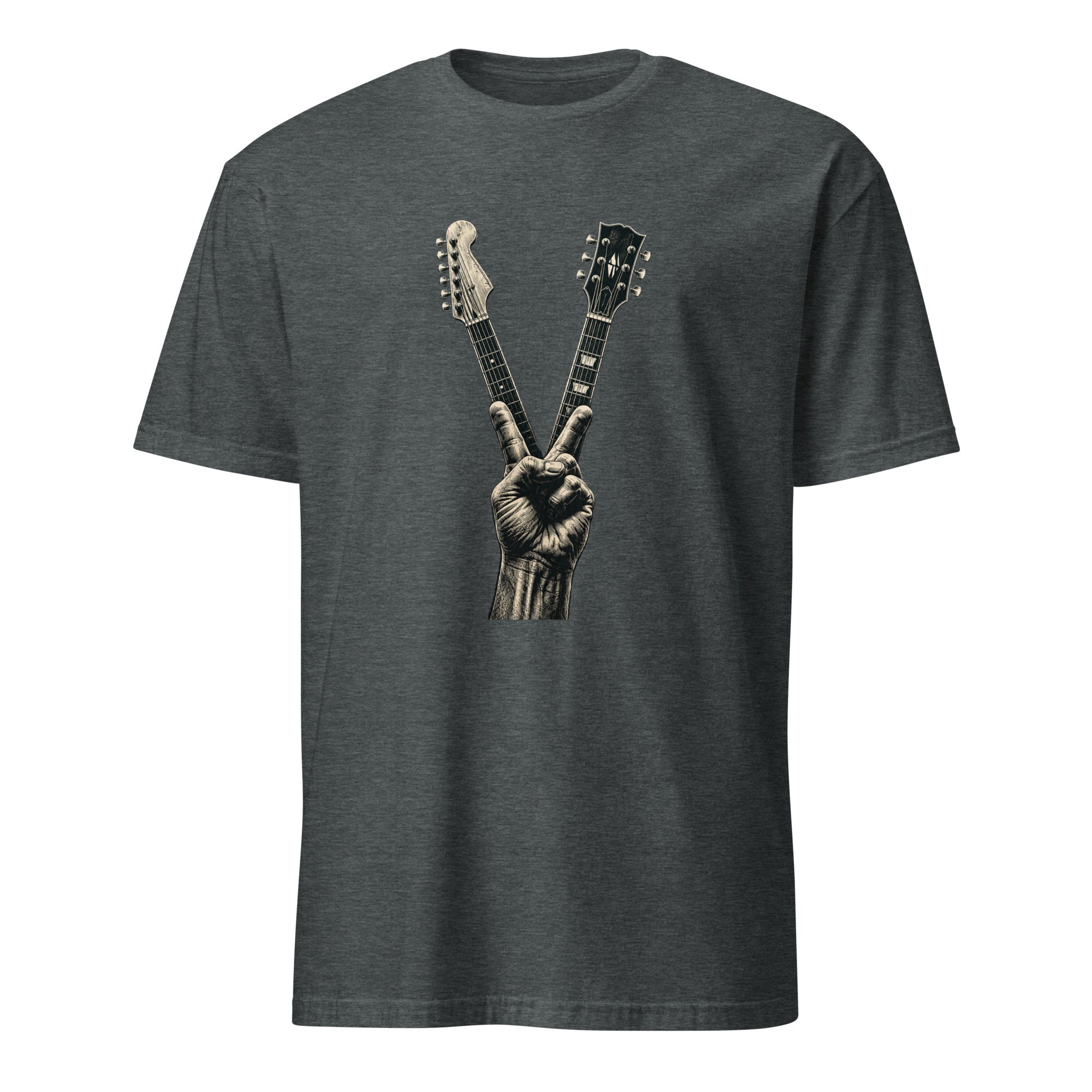 Vintage guitar peace sign graphic on black rock and roll cotton t-shirt
