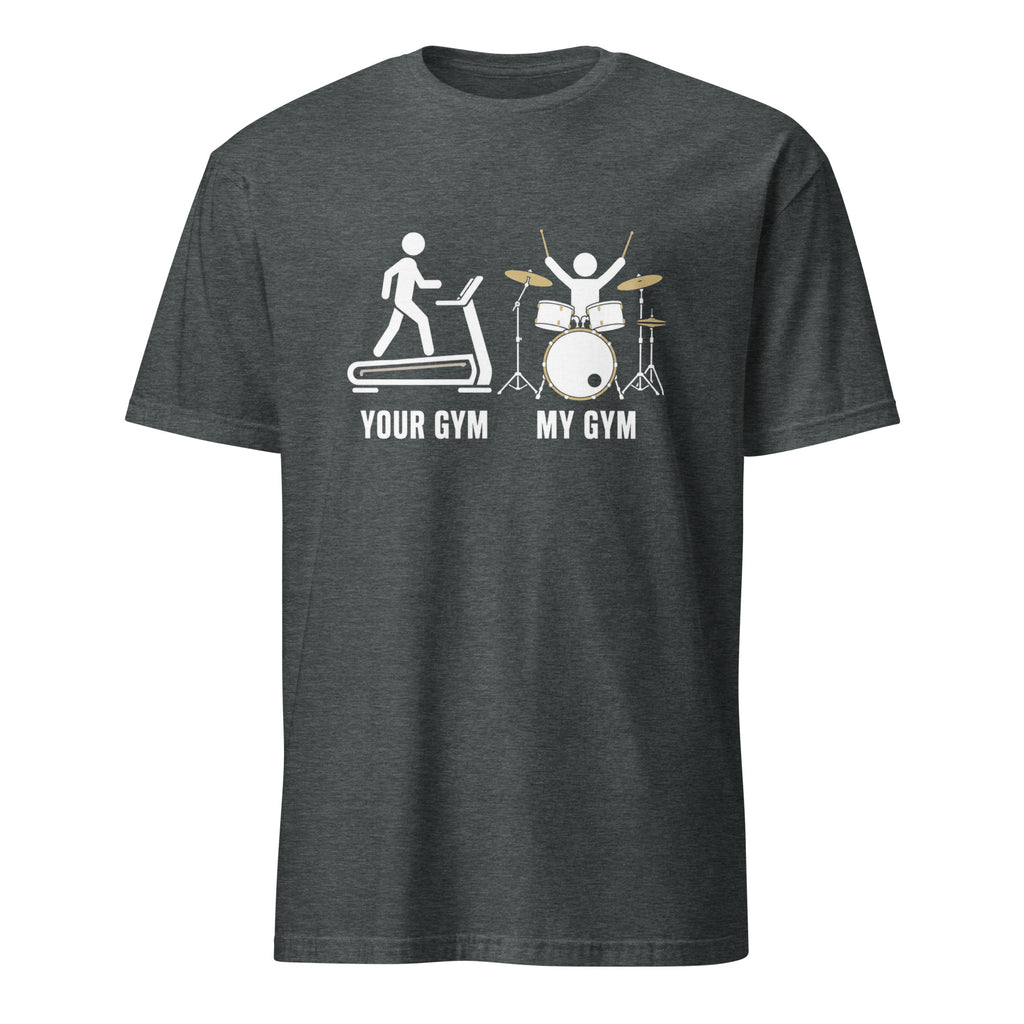 Funny drummer t-shirt with treadmill vs drum set gym humor graphic design