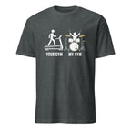 Funny drummer t-shirt with treadmill vs drum set gym humor graphic design