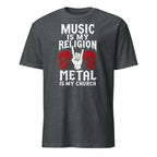  metal t-shirt with skulls and rock hand, "Music Is My Religion" design