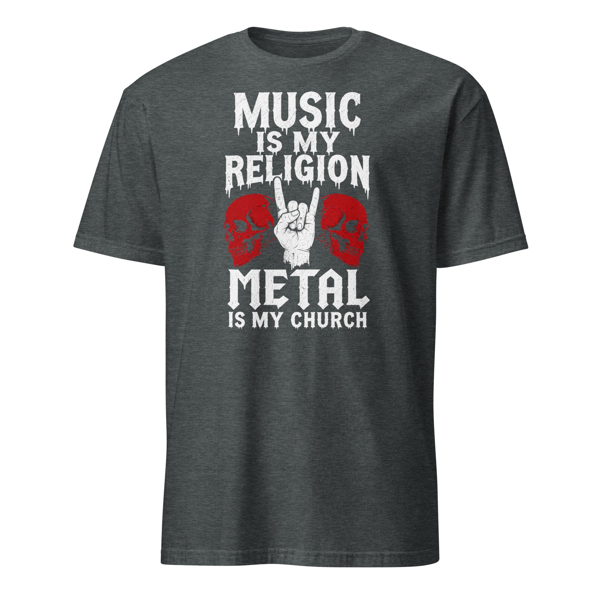  metal t-shirt with skulls and rock hand, "Music Is My Religion" design