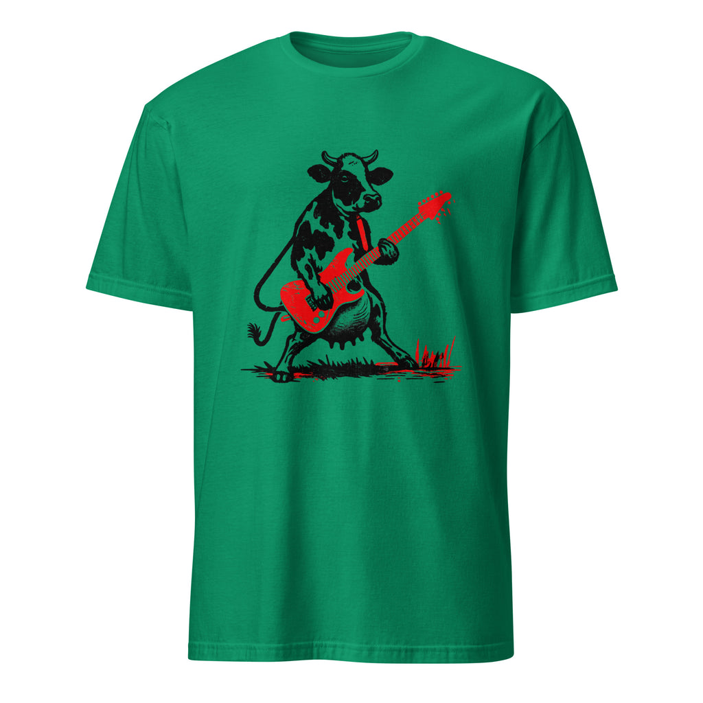  t-shirt with black cow playing red electric guitar vintage rock art design music