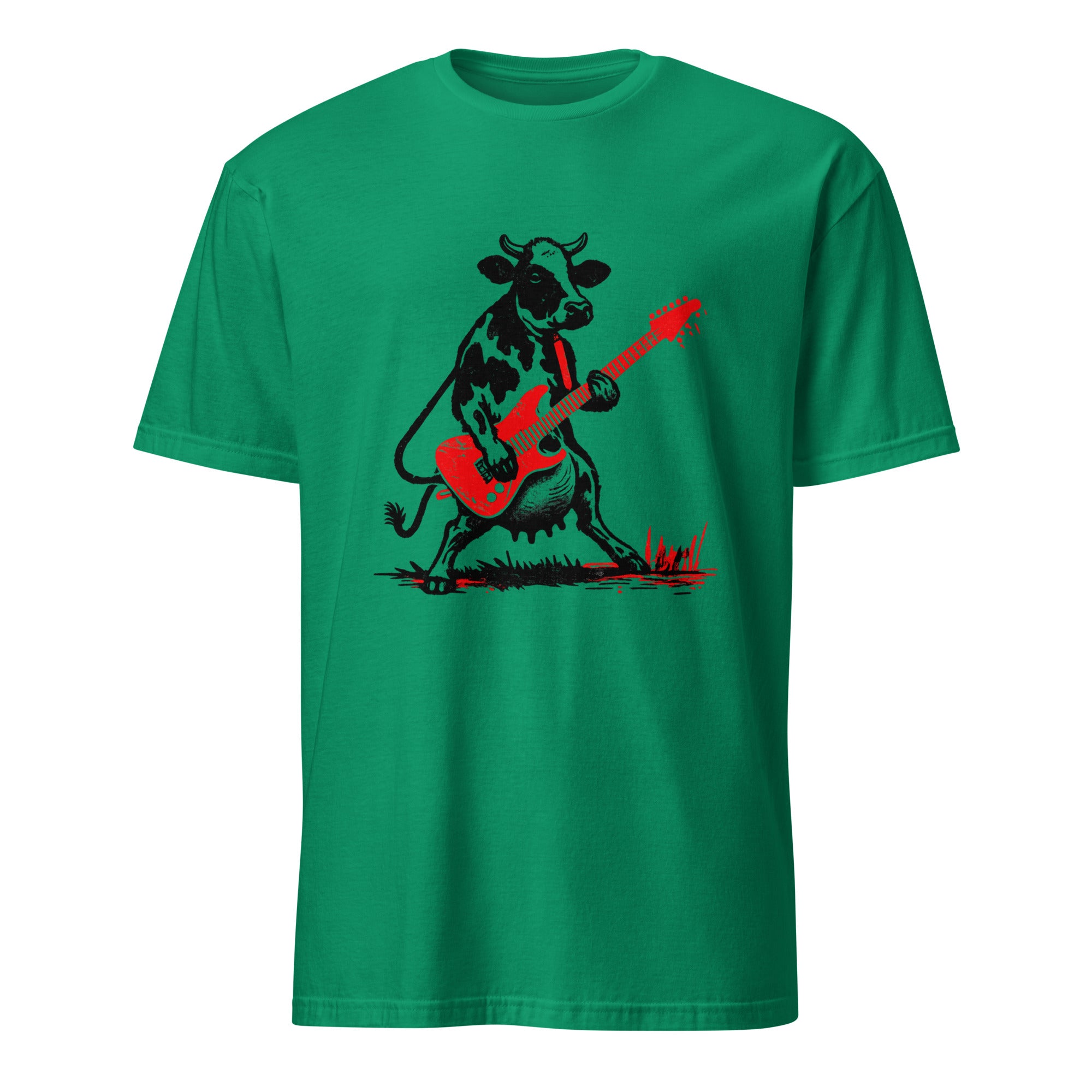  t-shirt with black cow playing red electric guitar vintage rock art design music