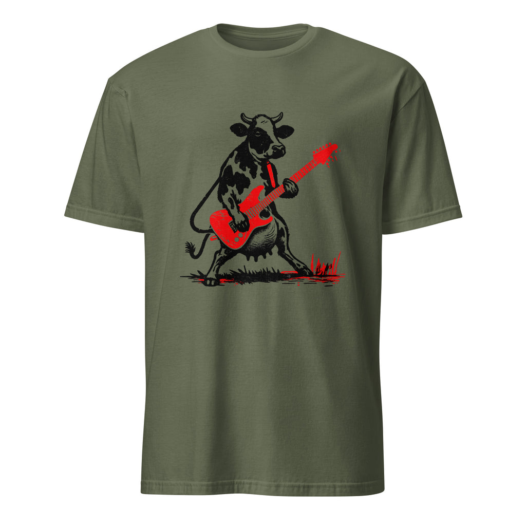  t-shirt with black cow playing red electric guitar vintage rock art design music
