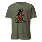  t-shirt with black cow playing red electric guitar vintage rock art design music