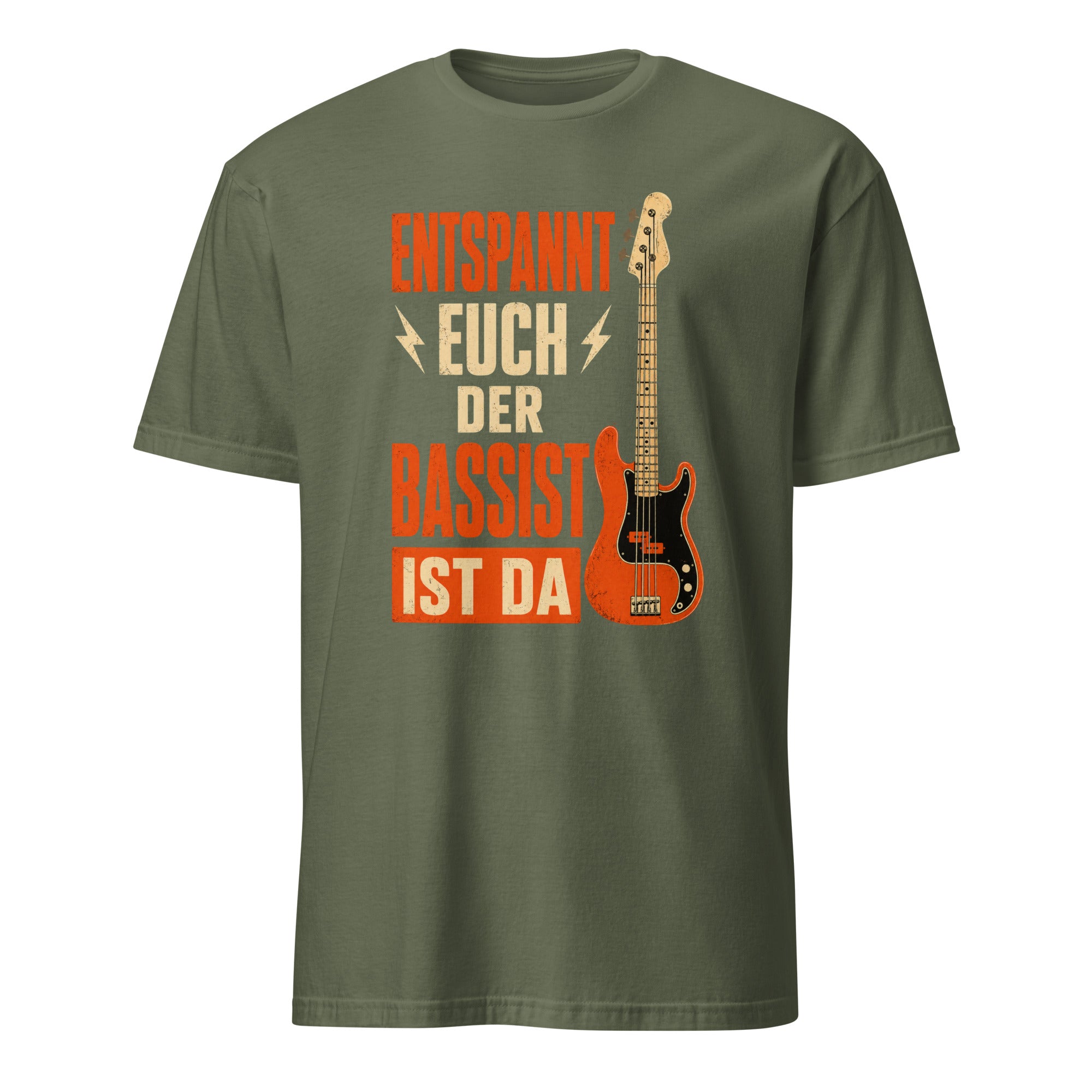 "Bassist T-Shirt mit Retro Humor Design und Bass-Gitarre Illustration in Orange"
