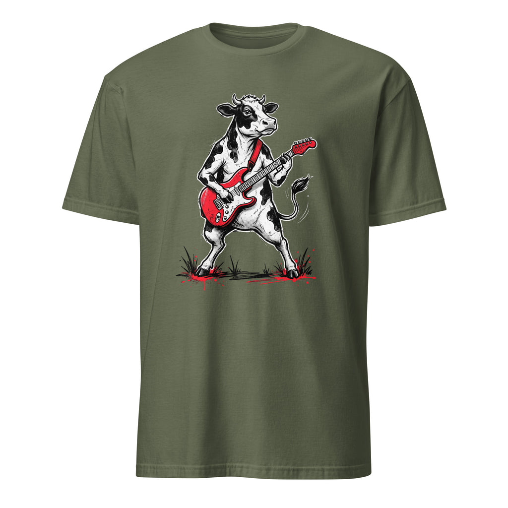 Rocking cow playing red electric guitar vintage rock black t-shirt
