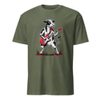 Rocking cow playing red electric guitar vintage rock black t-shirt
