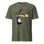Vintage guitar archer bow design on olive green rock music t-shirt
