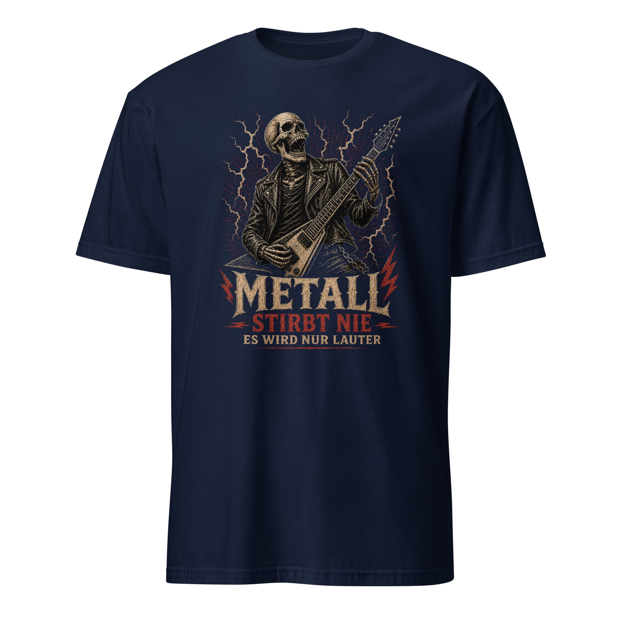 "Metall Stirbt Nie" – Cult Metal Design mit Skelett-Gitarrist. Premium Baumwolle. Jetzt kaufen und Metallherz zeigen! 🎸