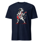 Rocking cow playing red electric guitar vintage rock black t-shirt
