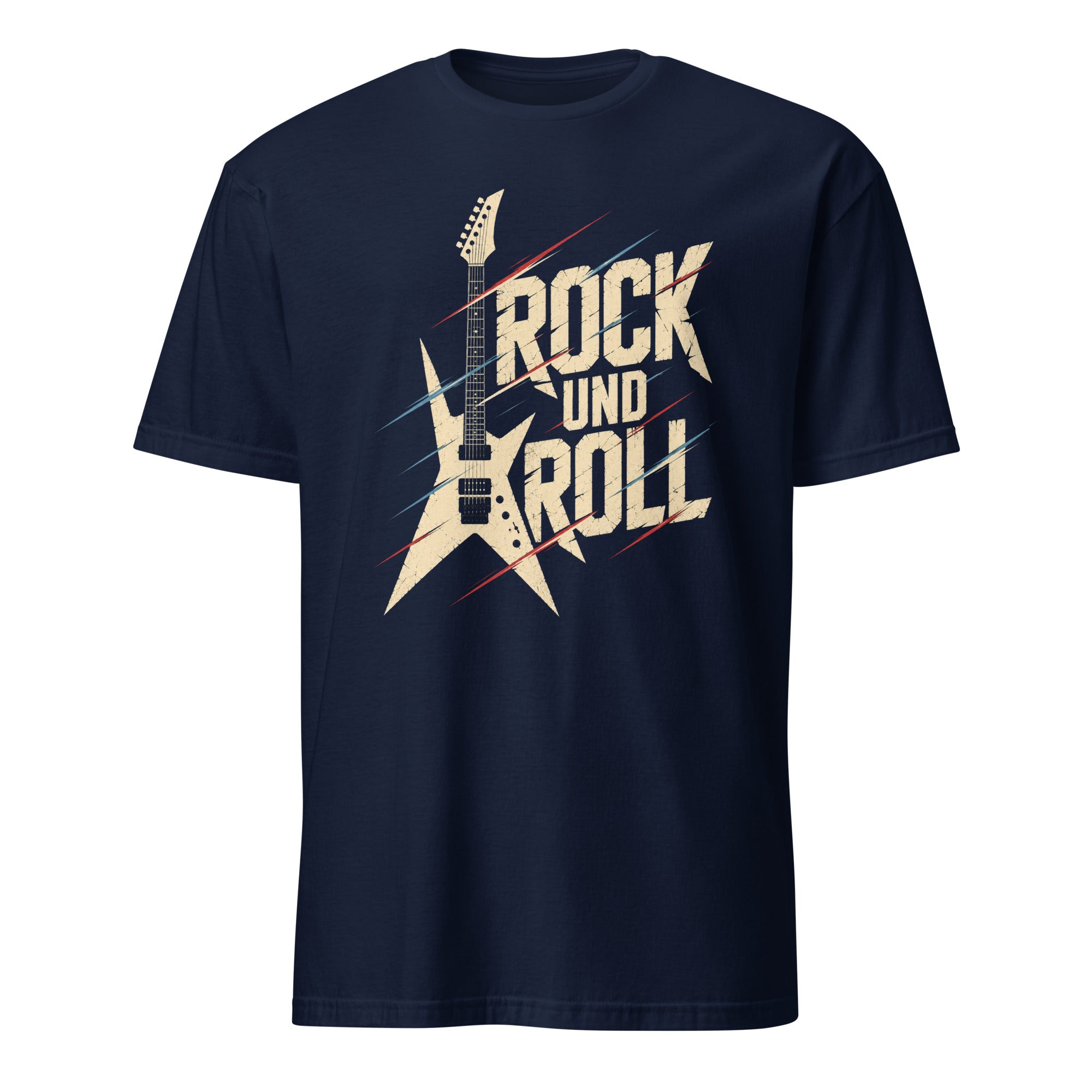 Vintage Rock und Roll T-Shirt mit Sterngitarre-Design und Retro-Schriftzug, schwarze Baumwolle
