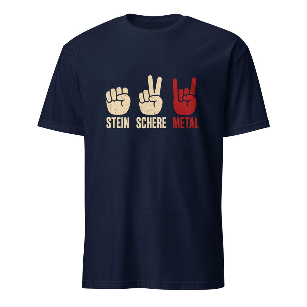 Vintage Rock Metal T-Shirt mit Stein Schere Papier Hand Gesten Design in Rot und Beige"
