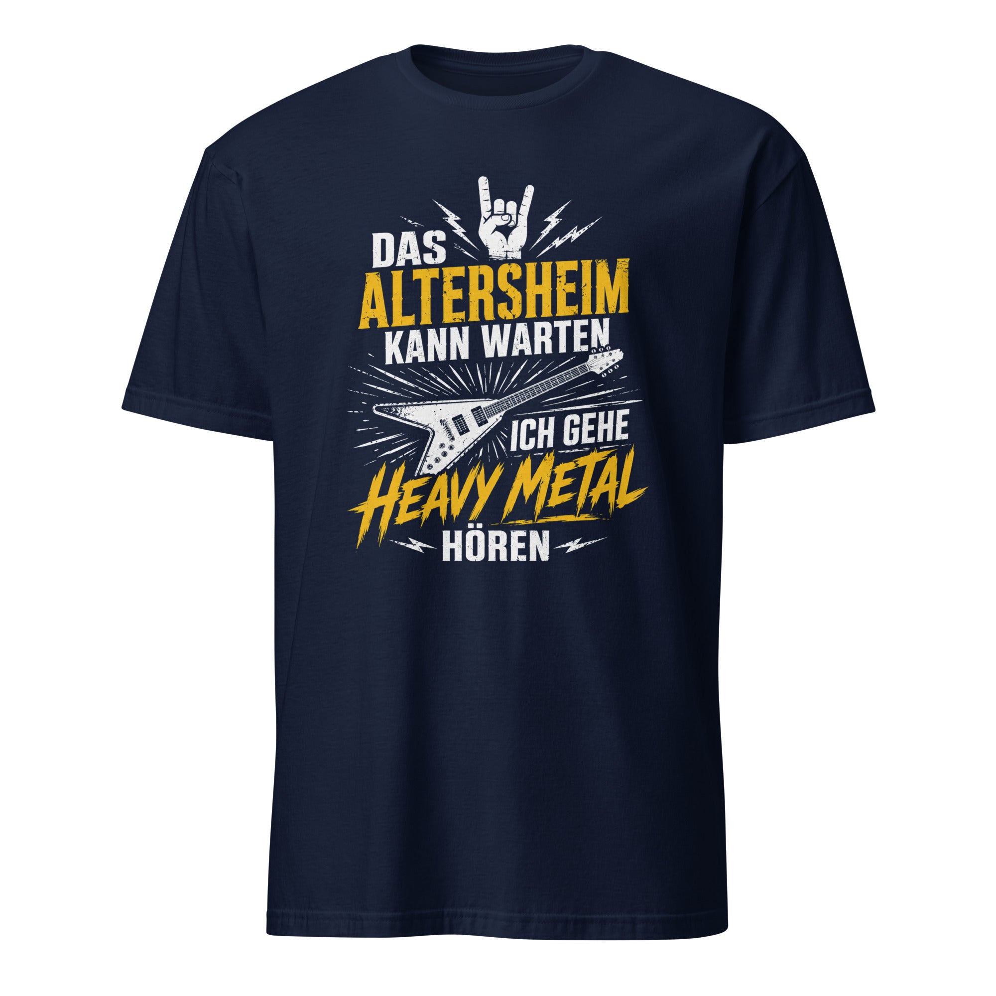 Heavy Metal T-Shirt mit Gitarre, Blitze und lustigem Text, Vintage Rock Design
