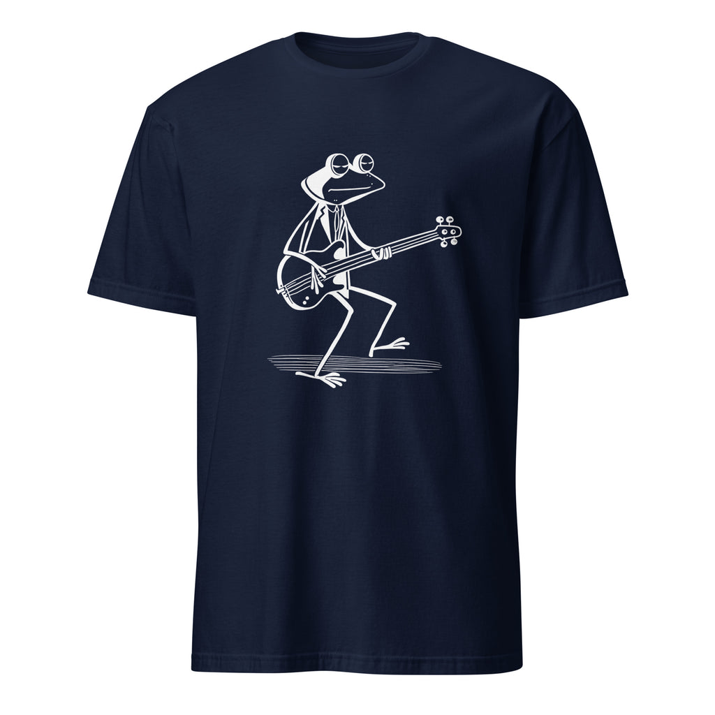 Frog playing bass guitar graphic tee, funny music-themed t-shirt design
