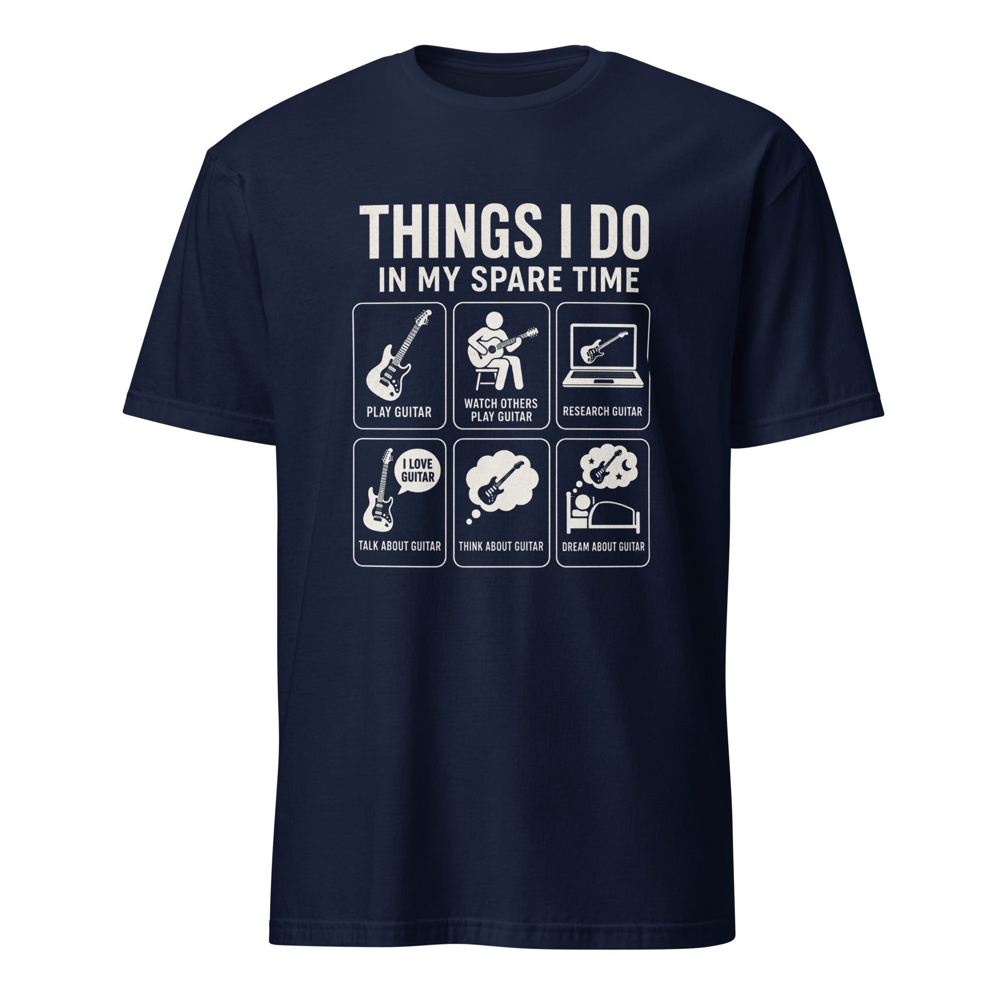 Funny guitar lover t-shirt design featuring six guitar-themed daily activity icons
