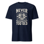 Skeleton DJ vintage music t-shirt with turntables and Never Too Old graphic

