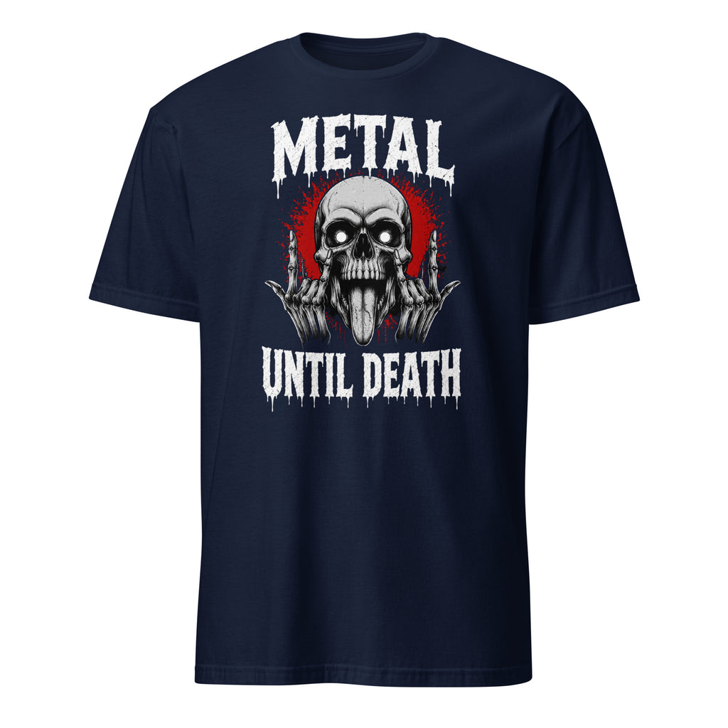 metal until death skull graphic t-shirt with rock hand horns design