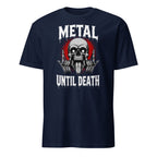 metal until death skull graphic t-shirt with rock hand horns design