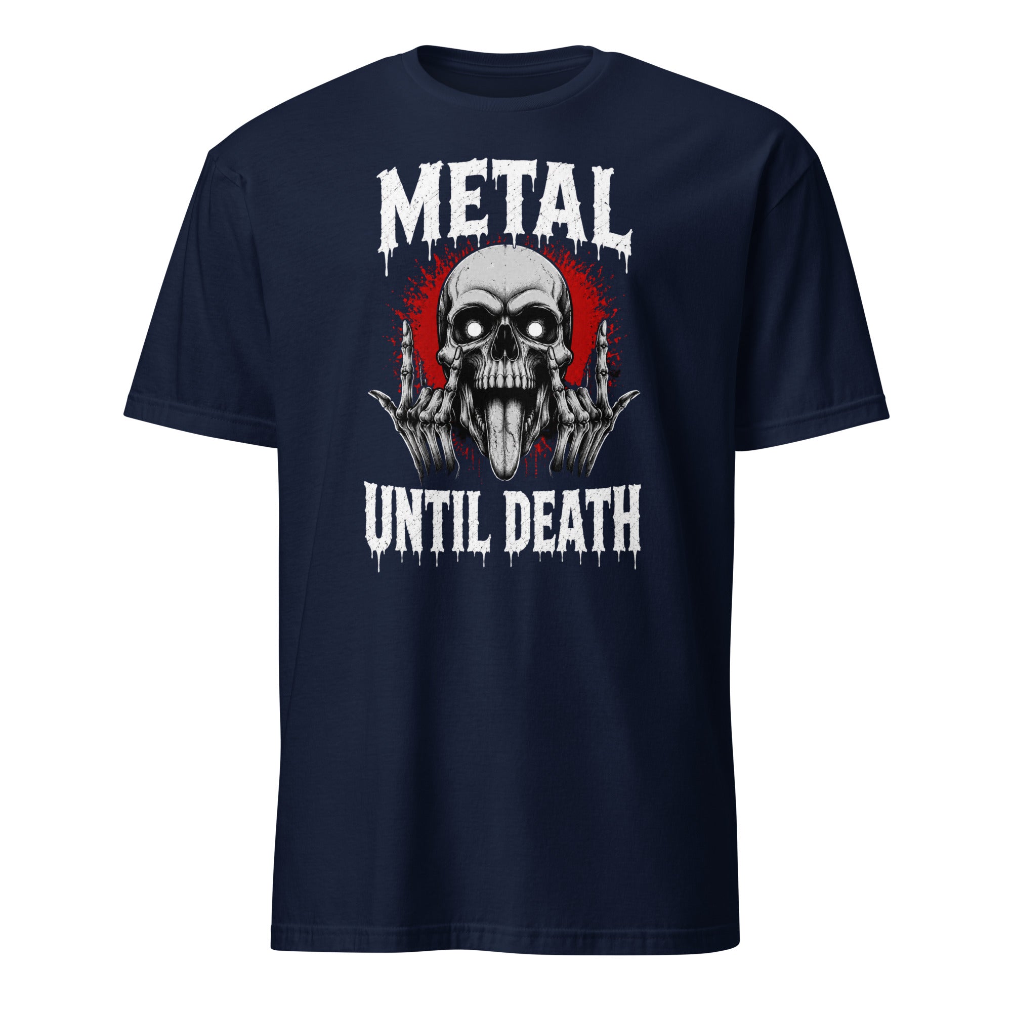metal until death skull graphic t-shirt with rock hand horns design
