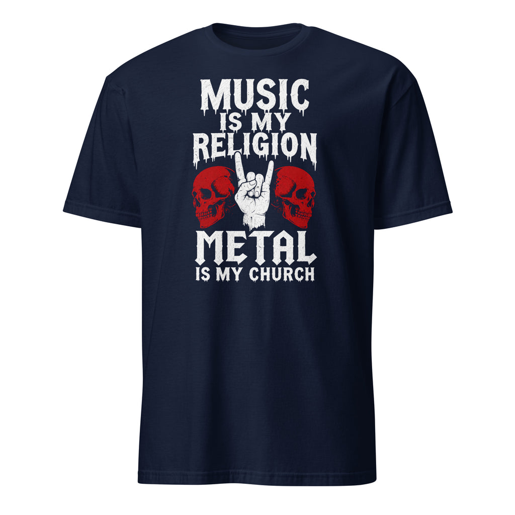 metal t-shirt with skulls and rock hand, "Music Is My Religion" design