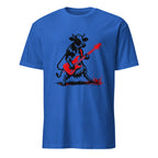  t-shirt with black cow playing red electric guitar vintage rock art design music