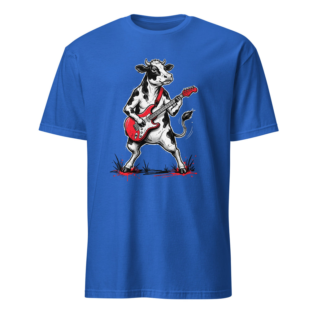 Rocking cow playing red electric guitar vintage rock black t-shirt
