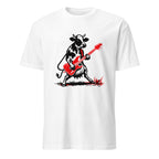  t-shirt with black cow playing red electric guitar vintage rock art design music