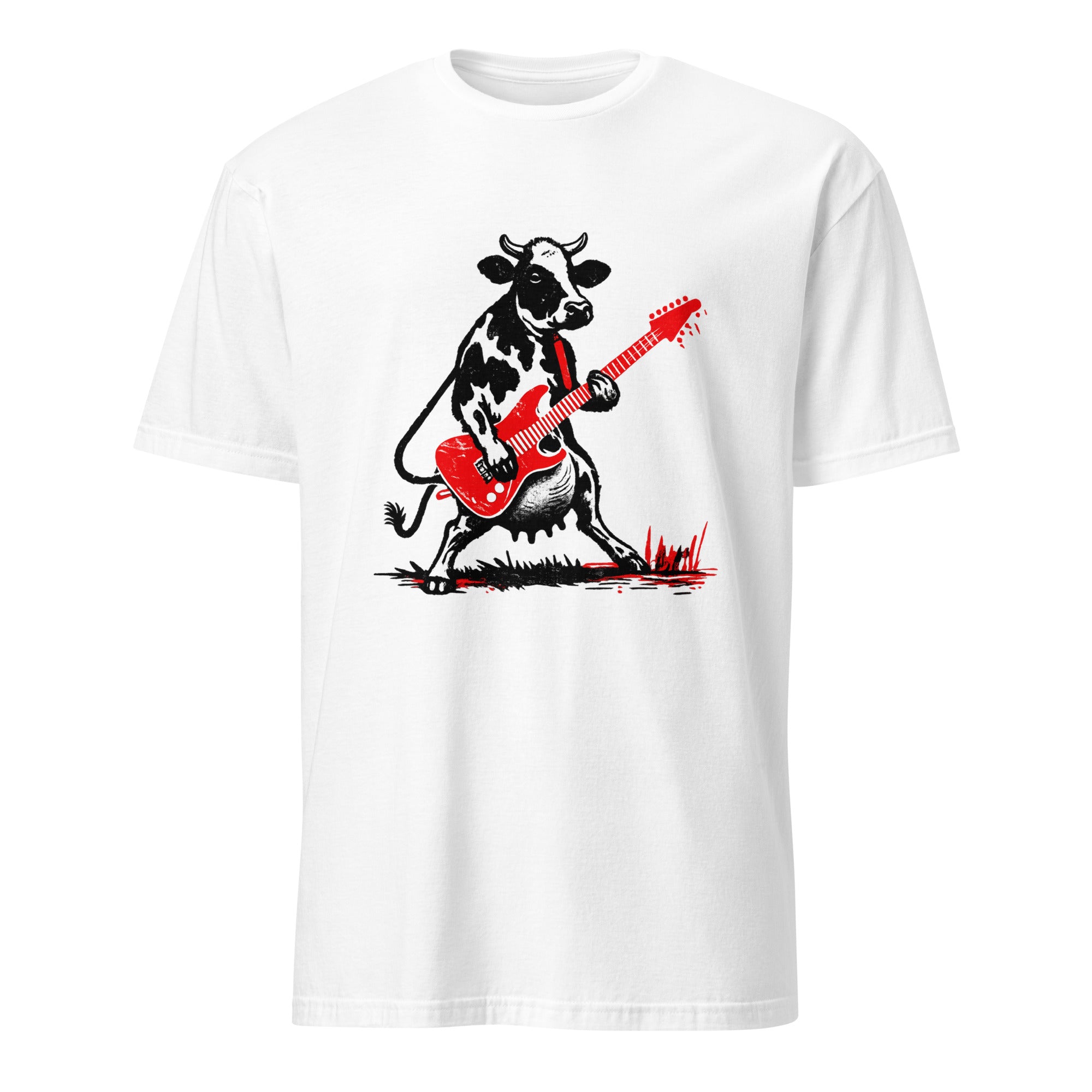  t-shirt with black cow playing red electric guitar vintage rock art design music